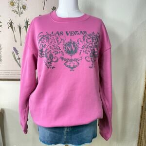 Vintage 90s Y2k Pink Las Vegas Nevada Graphic Crew Pullover Sweatshirt Preppy L